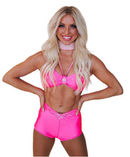 Load image into Gallery viewer, Hot pink spaghetti strap crop with mid V waist booty shorts outfit set for pro dance audition or college cheer tryouts